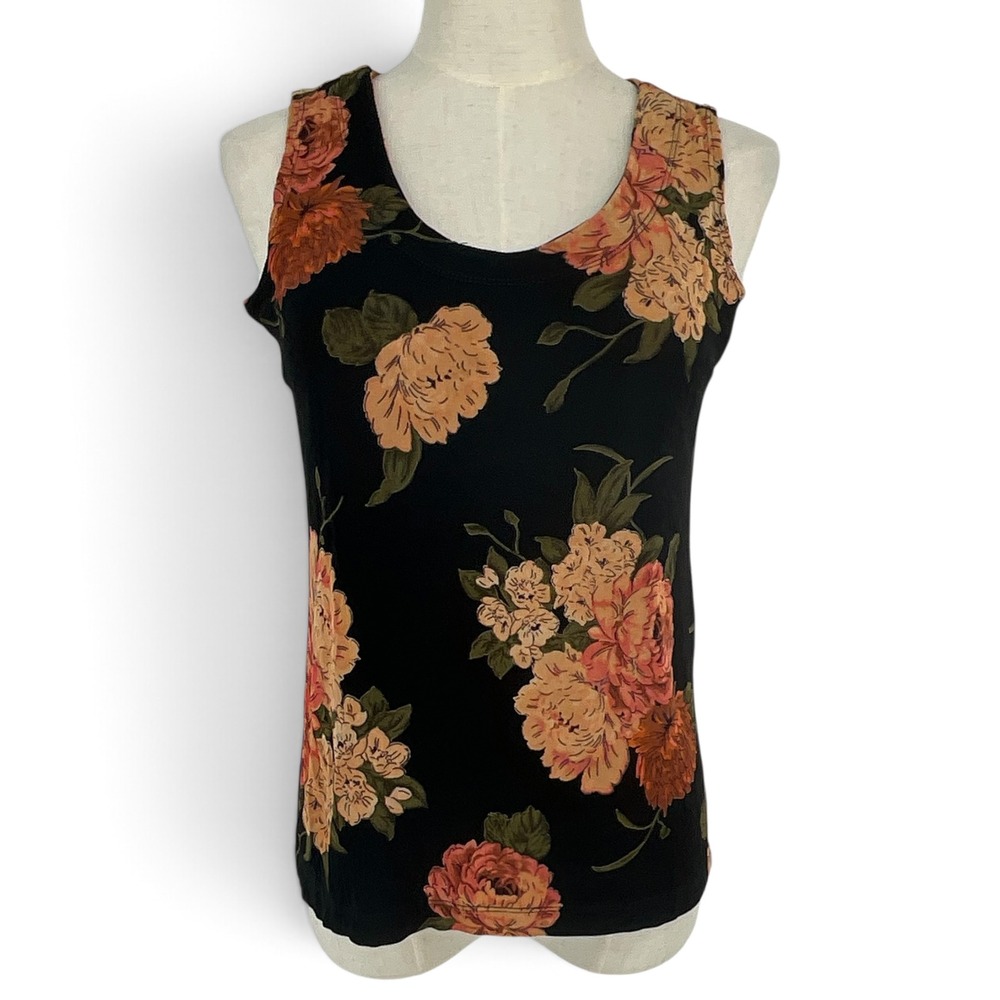 Chicos Travelers Floral Tank Top Black Orange Sleeveless Shell 1 M Sz 8